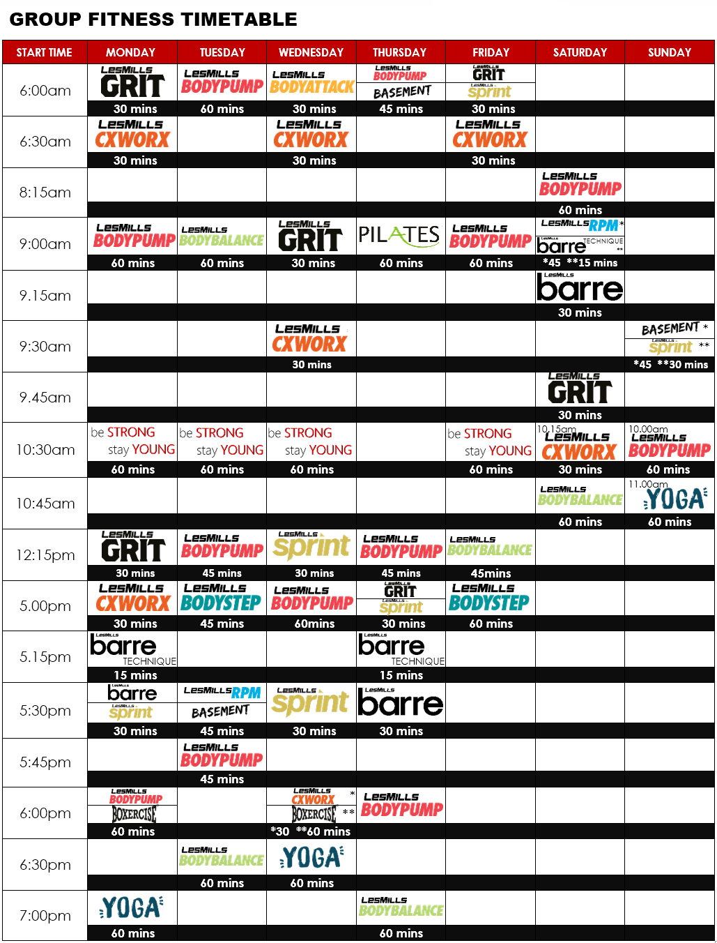 Group Fitness Timetable City 2019 – FitnessWorks NT