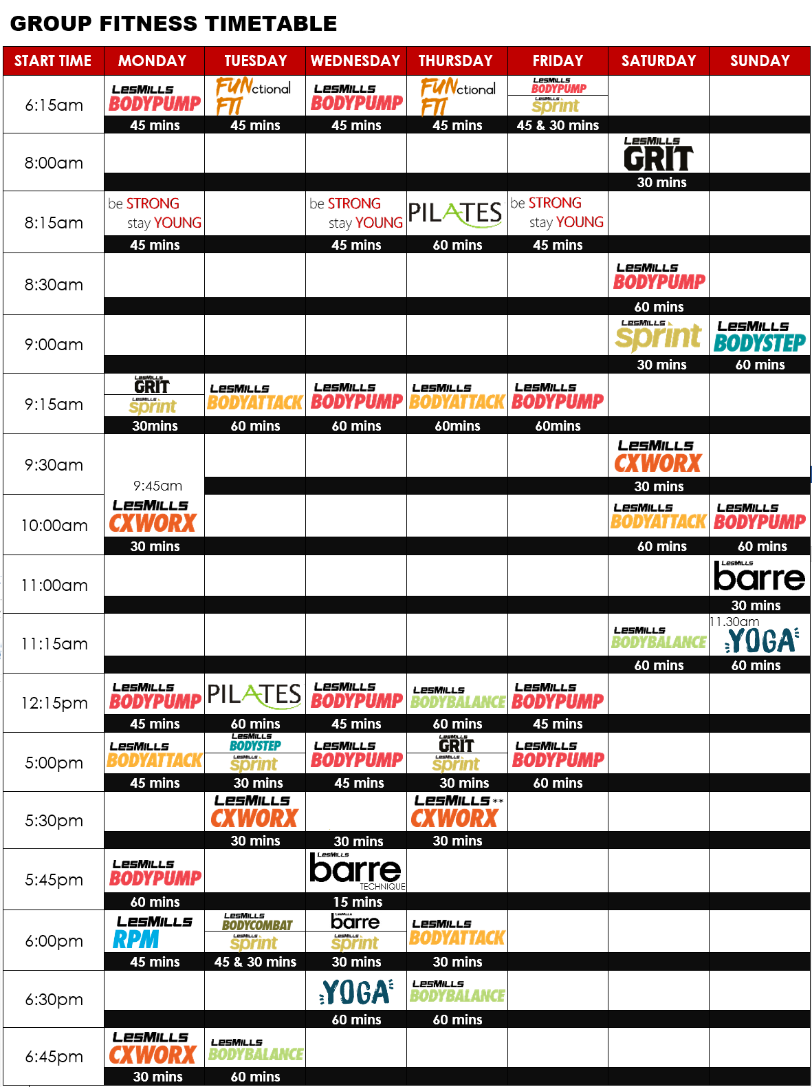 Nightcliff Gym Timetable