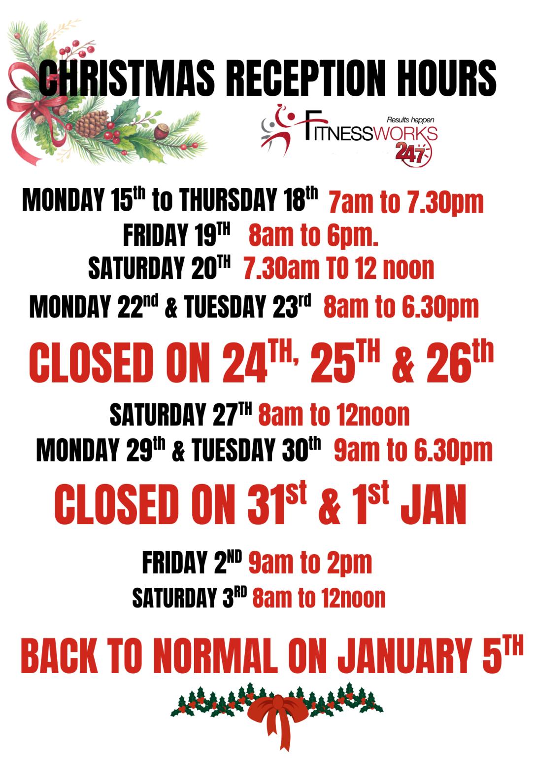 Reception Operating Hours Nightcliff christmas reception and creche opening hours โ FitnessWorks NT